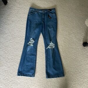 Express Blue Flare Jeans with Distressed Details